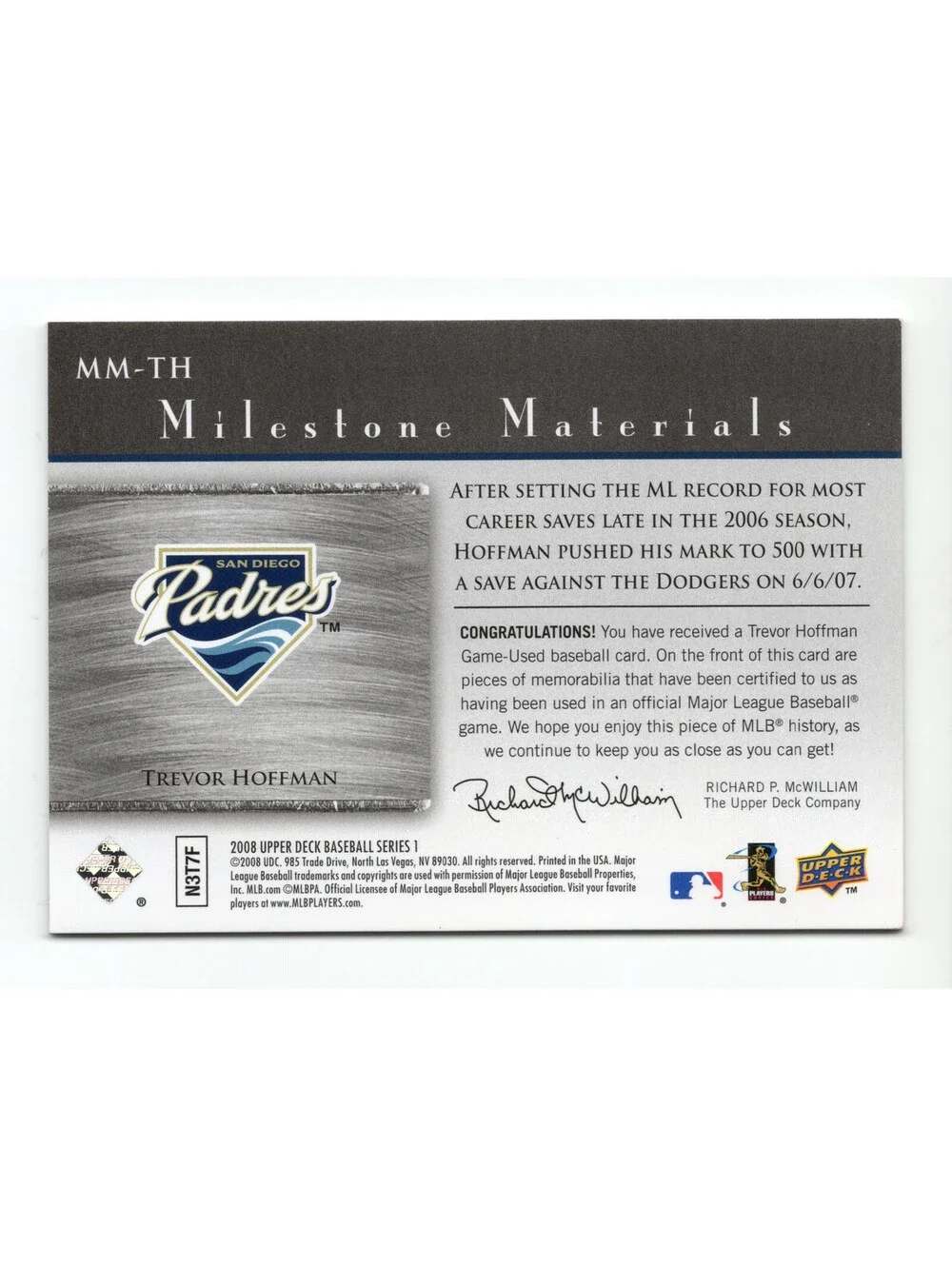 2008 Upper Deck Milestone Materials Trevor Hoffman game used triple patch relic